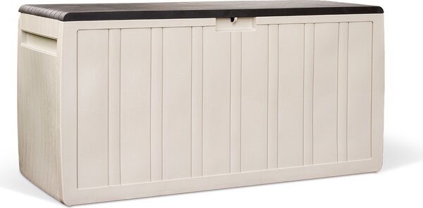 Contenitore XL "Leonardo" da 270 litri - Contenitore da giardino resistente alle intemperie con effetto legno, chiudibile a chiave, marrone/beige, contenitore per cuscini da giardino, balcone e terrazza