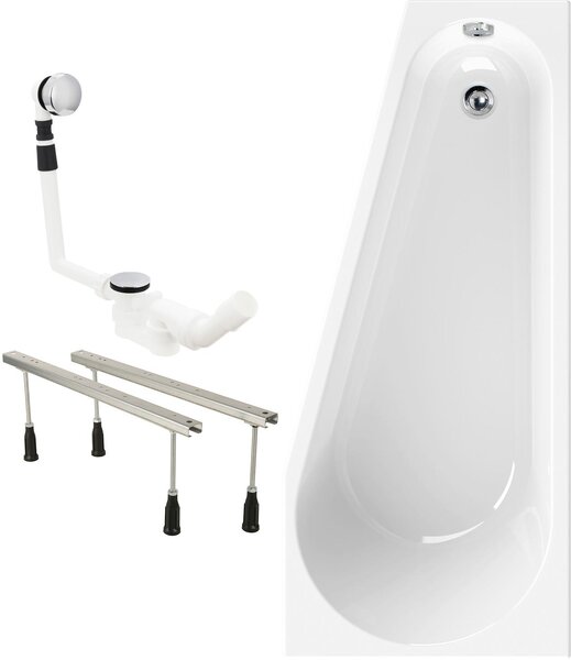 Calmwaters® Vasca da bagno angolare salvaspazio 160x70 cm Essential Small, prodotta nell'UE, vasca da bagno in acrilico 3in1 con piedini e set di scarico, vasca da bagno salvaspazio versione sinistra, 160 x 70 cm, bianca