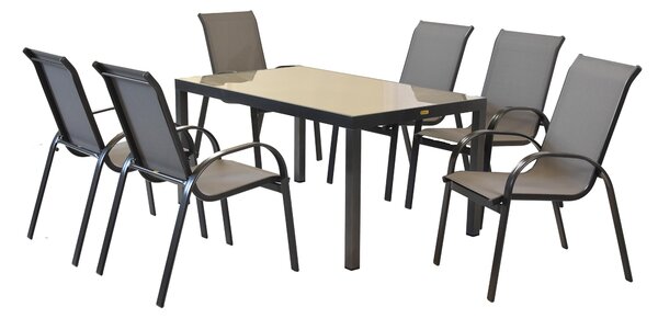 Set di mobili da giardino Merxx Amalfi grafite 7 pezzi, 6 sedie impilabili, 1 tavolo 150 x 90 cm - alluminio/tessuto