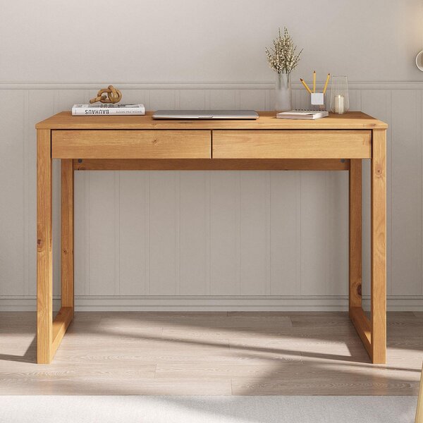 Scrivania NOAH con 2 cassetti in legno massello color rovere. Robuste scrivanie per computer, mobili per studio, scrivania con spazio contenitivo, mobili per ufficio