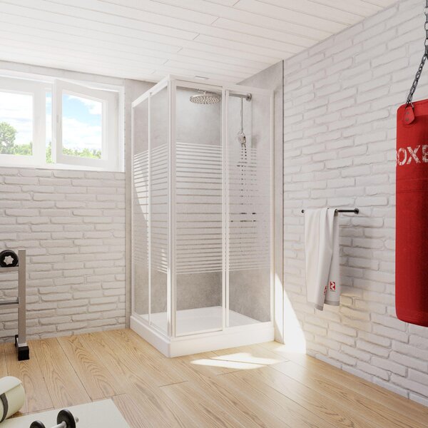 Cabina doccia Schulte Sunny ingresso angolare variabile con porte scorrevoli, vetro di sicurezza ESG da 3 mm a righe orizzontali, dimensioni: variabili da 75 a 90 cm, colore profilo: bianco alpino