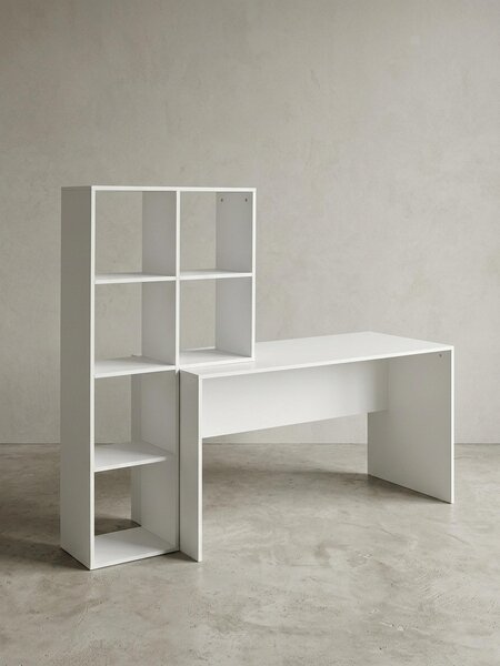 Ampia scrivania con scaffale, design purista, rivestimento in resina melamminica. 170x59x144 cm | Kadima Design