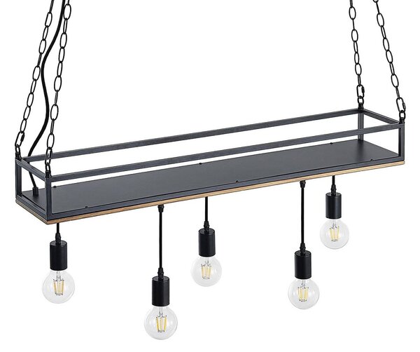 Lindby lampada a sospensione Kirista, 5 ganci, nero/legno, 100 cm, E27