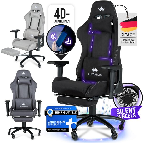 ELITESEATS Sedia da gioco ergonomica [rotelle antigraffio, traspirante] incl. braccioli 4D, con poggiapiedi | Sedia da gioco ergonomica in tessuto 150KG