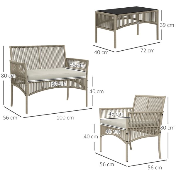 Outsunny Set da Giardino in Rattan da 4 Pezzi con 2 Poltroncine, Divano e Tavolino da Caffè, Kaki e Nero
