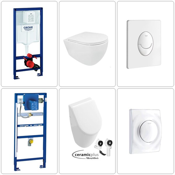 BB INFINITY WC sospeso senza bordo con orinatoio Villeroy & Boch Subway con accessori Grohe, bianco