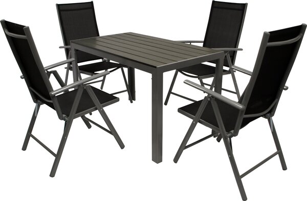 Set da giardino DEGAMO SORANO, 5 pezzi, in alluminio e finto legno, tavolo 70x125 cm