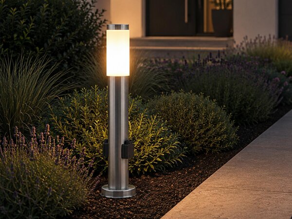 Lampione da terra in acciaio inossidabile con 2 prese, altezza 60 cm, lampada da giardino con alimentazione elettrica