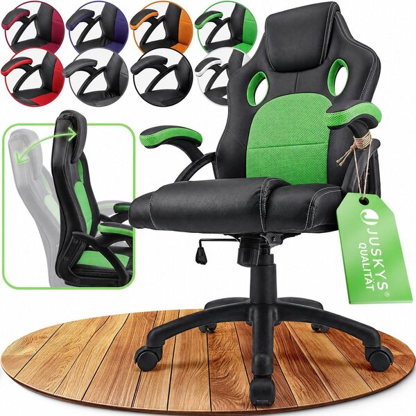 Juskys Racing desk chair Montreal (verde) - sedia da gioco ergonomica, regolabile in altezza e imbottita, fino a 120 kg - sedia da ufficio girevole