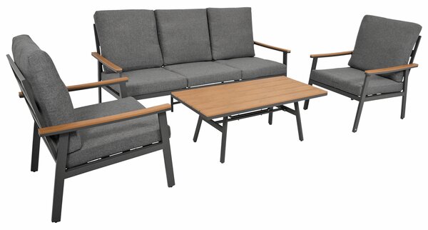 DEGAMO Set da salotto CALGARY, alluminio antracite + legno sintetico marrone, imbottitura grigia