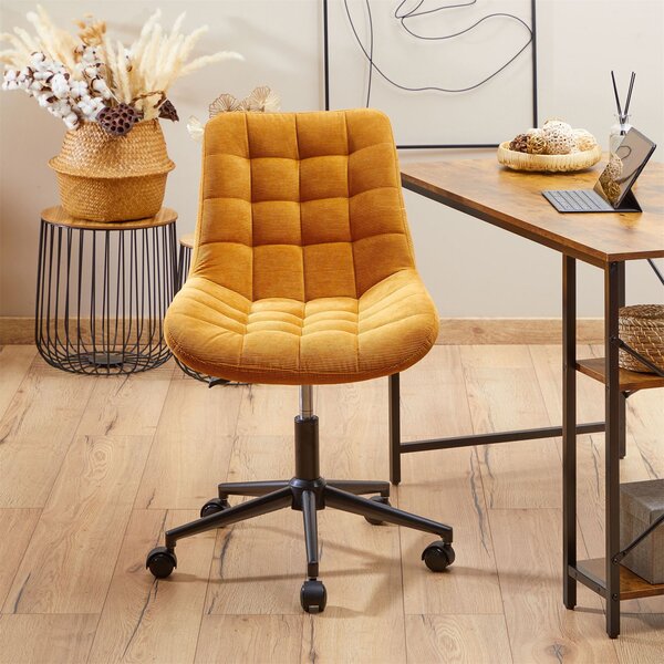 Sedia girevole VASILO in tessuto corduroy, giallo - Sedia da scrivania regolabile in altezza con rivestimento in tessuto, comoda imbottitura, struttura in metallo con 5 rotelle doppie, ideale per la camera da letto, l'ufficio o l'home office