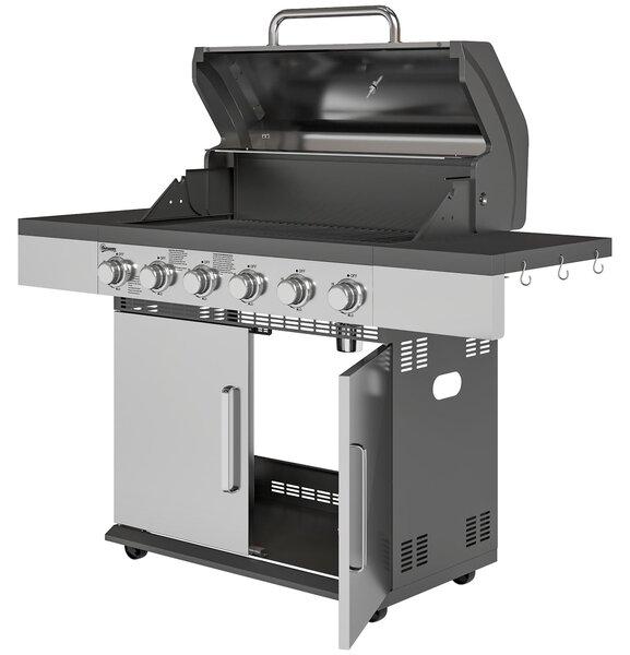 Barbecue a gas Outsunny con 6 bruciatori in acciaio inox, con termometro, argento