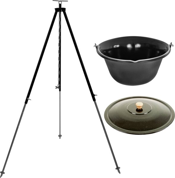 Set party con bollitore per gulasch di Grillplanet® 15 litri Telaio con coperchio 180 cm