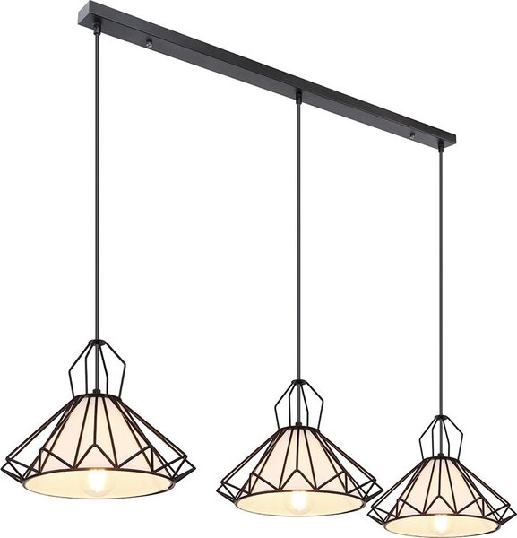 Lampada a sospensione, metallo, tessuto, nero, 3 fiamme, H 120 cm