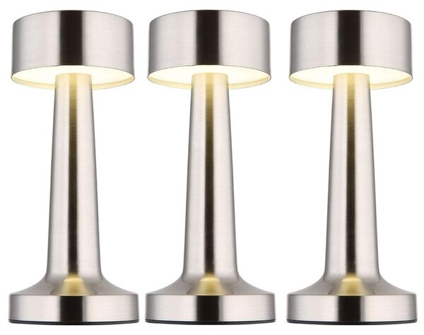 Lampada da tavolo LED, finitura nichel opaco, dimmer touch, alimentazione a batteria, altezza 21 cm