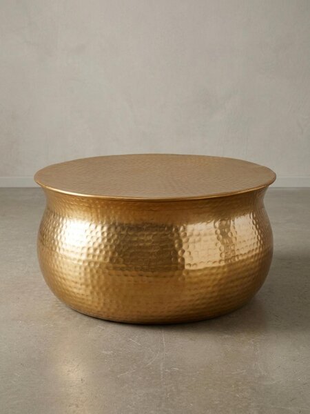 Tavolino da salotto 60x30,5x60 cm in alluminio dorato Tavolino orientale rotondo, Tavolino da salotto in metallo martellato piatto, Tavolino da salotto di design moderno, Tavolino da salotto indiano piccolo