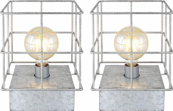 2 lampade da tavolo, a forma quadrata, con struttura in griglia di acciaio cementato