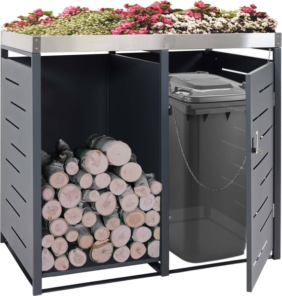 Copri-bidoni da 1 posto con vano per la legna da ardere MCW-H40, box per bidoni della spazzatura, 125x130x80 cm, espandibile, metallo, 45 kg ~ antracite