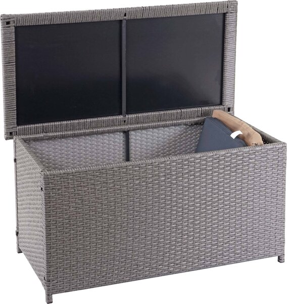 Contenitore per cuscini in polyrattan MCW-D88, cassapanca da giardino ~ Basic grigio, 51x115x59 cm, 250 l