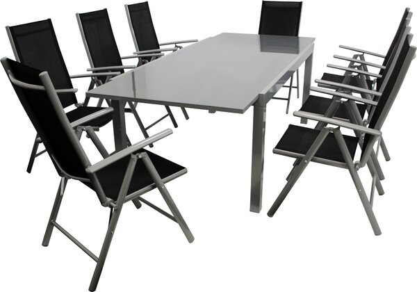 Set da giardino DEGAMO MARINA, 9 pezzi: 8 sedie pieghevoli regolabili in 8 posizioni, 1 tavolo allungabile con piano in vetro (180/240 x 100 cm), alluminio + tessuto sintetico nero