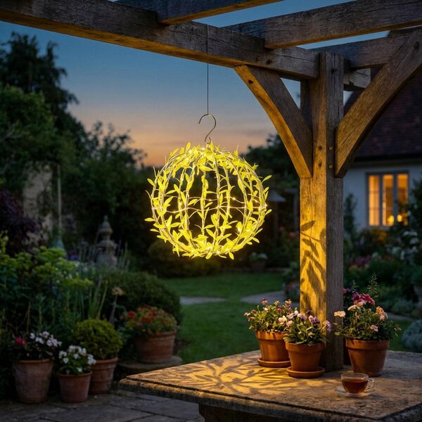 Sfera luminosa solare con motivo a foglie - Sfera da giardino Ø 20 cm con 72 LED bianco caldo - Lampada da esterno IP44 con picchetto, gancio a S e pannello solare inclusi