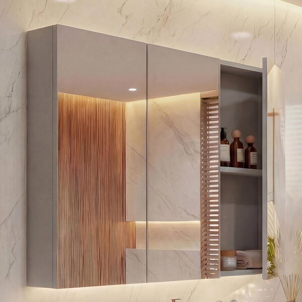 Specchiera HWC-B19b, pensile per bagno, 6 ripiani ® lucido 70x80x16cm ~ grigio