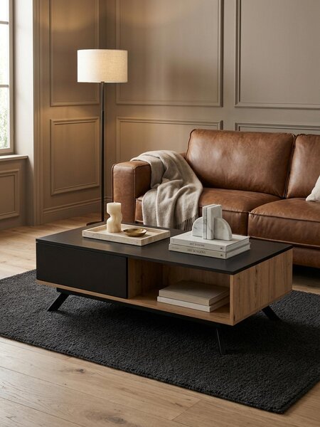 Tavolino da salotto 110x60x38 cm MDF finitura rovere / nero Tavolino da salotto, tavolino rettangolare con spazio contenitivo, tavolino da caffè con cassetti, tavolino da salotto con gambe in metallo