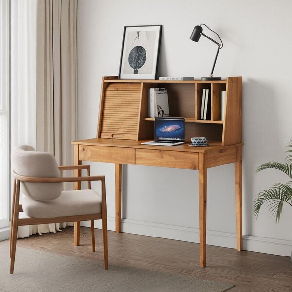 Scrivania ALISA con 2 cassetti e serranda in legno massello, finitura rovere - Scrivania in legno di pino, scrivania in legno massello con spazio contenitivo, ideale per l'home office e lo studio