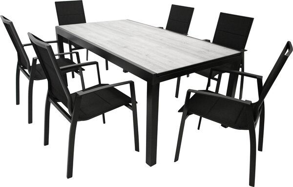 Set da giardino DEGAMO set da giardino FARO 7 pezzi (6x sedie impilabili, 1x tavolo allungabile), alluminio antracite + tessuto sintetico nero