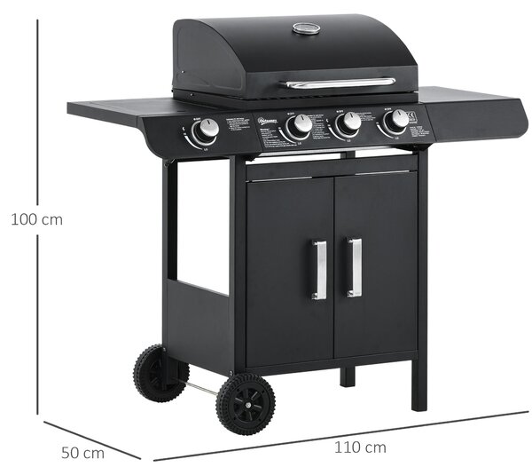 Outsunny barbecue a gas barbecue carrello con 4 bruciatori mobile multifunzione metallo