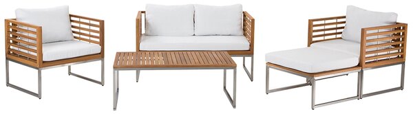 BELIANI Set di divani da giardino in legno d'acacia a 4 posti con cuscini bianchi e rete a doghe in stile moderno per esterni