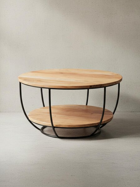 Tavolino da salotto 60x34,5x60 cm in legno massello di acacia / metallo, tavolino da salotto di design, tavolo da soggiorno rotondo, tavolino industriale marrone, tavolo con ripiano