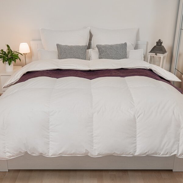 Piumino 135 x 200 cm, 1200 g + cuscino 80 x 80 cm, 1380 g. Imbottitura: 60% piumino / 40% piume
