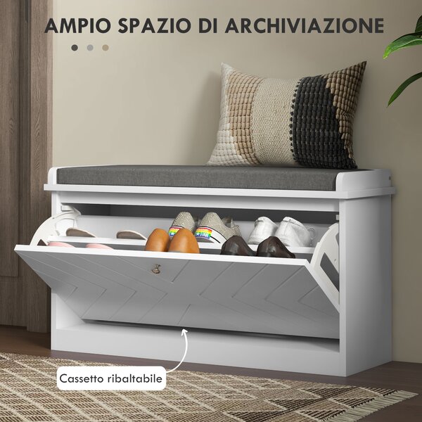HOMCOM Panca Scarpiera Salvaspazio con Cuscino e Cassetto Ribaltabile per 8 Paia di Scarpe, Bianco|Aosom