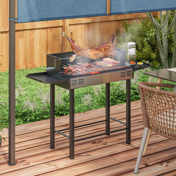Outsunny Barbecue a Carbone a 3 Livelli con Mensole Pieghevoli e Girarrosto, in Acciaio Inox, 118x32x90 cm, Nero|Aosom
