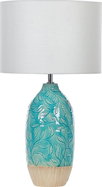 BELIANI Lampada da tavolo in Vetroceramica turchese base decorativa paralume in tessuto bianco design rustico boho illuminazione casa