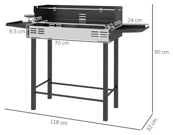 Outsunny Barbecue a Carbone a 3 Livelli con Mensole Pieghevoli e Girarrosto, in Acciaio Inox, 118x32x90 cm, Nero|Aosom