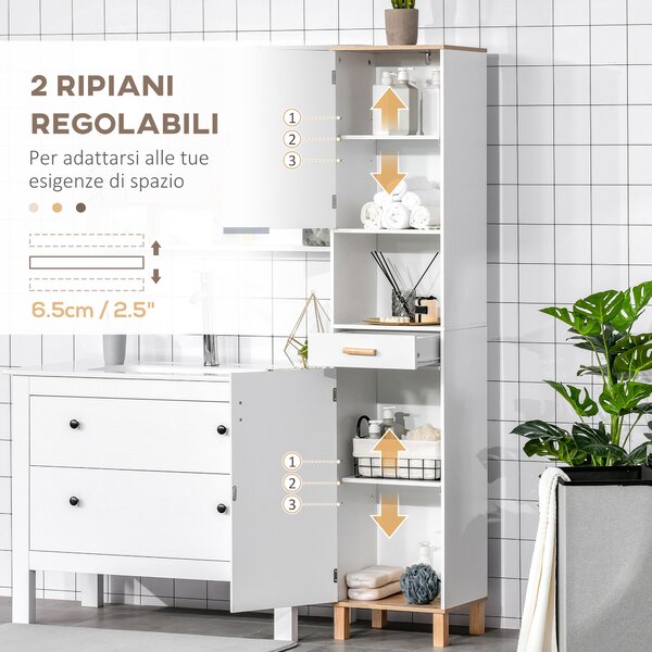 Kleankin Mobile Salvaspazio Bagno in Legno Bianco, Mobile a Colonna con Armadietti e Cassetto 39x30x180cm|Aosom