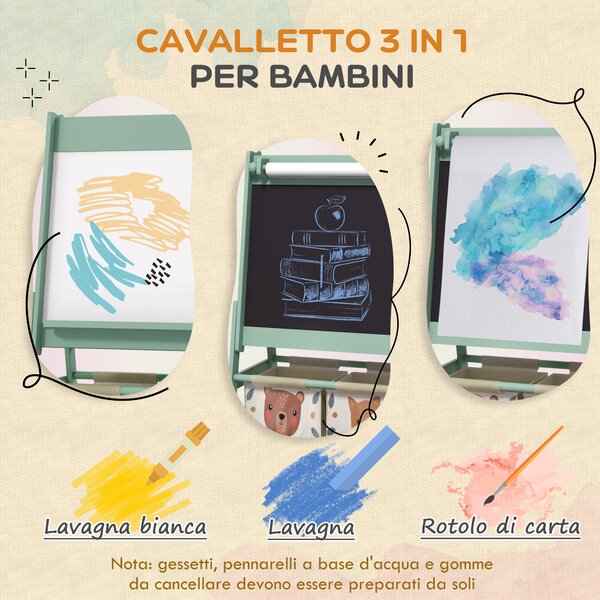 AIYAPLAY Lavagna per Bambini con Cavalletto 3 in 1 e 2 Contenitori, Età 3-8 anni, 54x46.5x93cm, Verde|Aosom