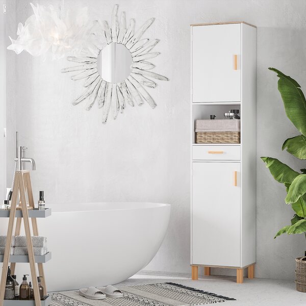 Kleankin Mobile Salvaspazio Bagno in Legno Bianco, Mobile a Colonna con Armadietti e Cassetto 39x30x180cm|Aosom