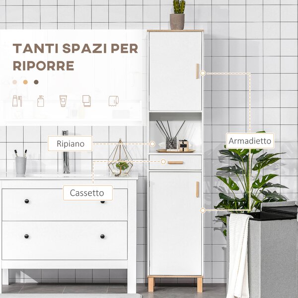 Kleankin Mobile Salvaspazio Bagno in Legno Bianco, Mobile a Colonna con Armadietti e Cassetto 39x30x180cm|Aosom