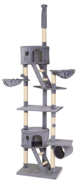 Tiragraffi lionto con tenditore a soffitto, torre attività grande 230-250 cm con 2 grotte, 2 abbeveratoi, scale e palline, grigio chiaro