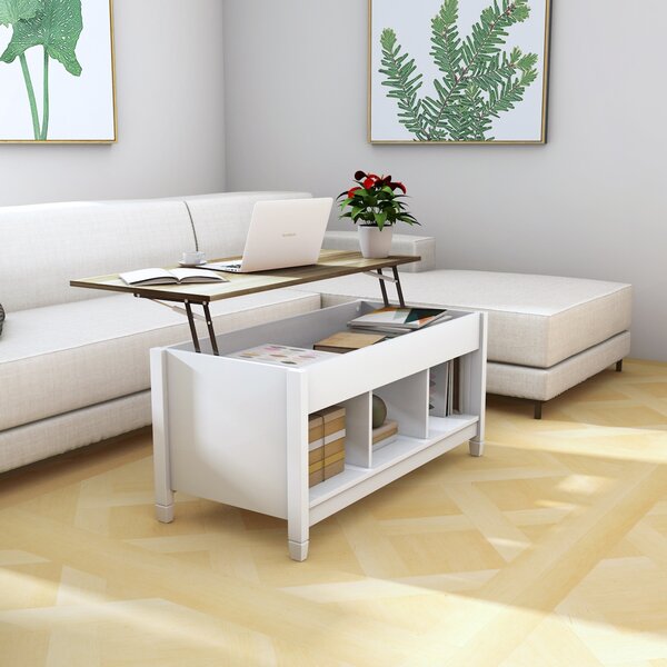 Tavolino Da Caffè Bianco Con Piano Sollevabile 101,6 Cm – ALINE FURNITURE Con Vano Nascosto, Legno, Stile Moderno Con Meccanismo A Molla Gas