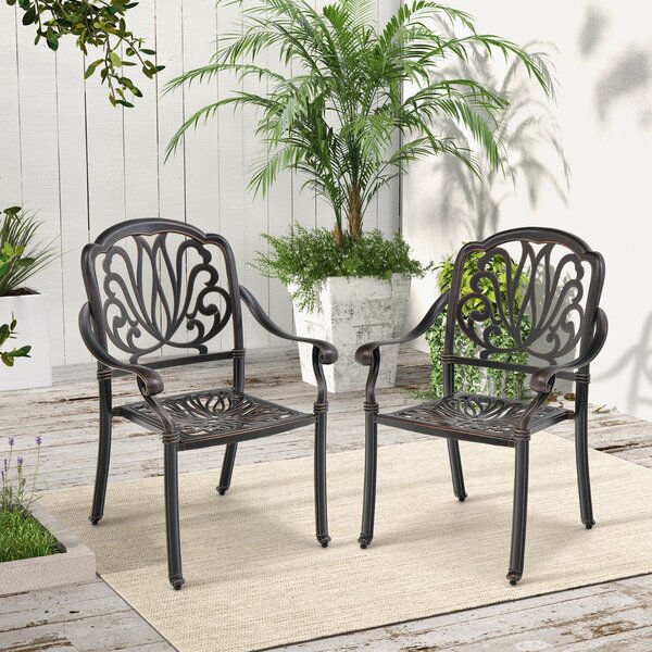 Costway Set di 2 sedie da esterno in alluminio pressofuso per patio, Sedie da pranzo impilabili con braccioli Bronzo