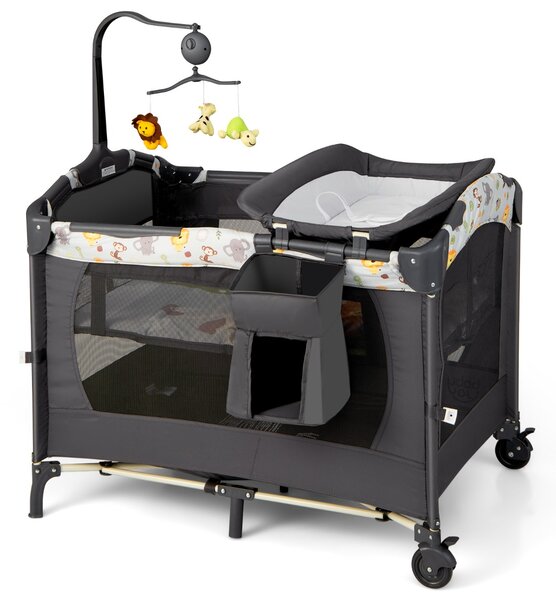 Costway Box portatile 3 in 1 per bambini, Letto pieghevole con tasca carillon giocattoli carini Nero