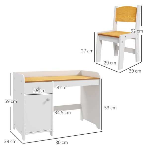ZONEKIZ Set Tavolo e Sedie per Bambini 3-6 Anni con Cassetto e Armadietto in Legno, Struttura solida e angoli arrotondati, Bianco|Aosom Italy