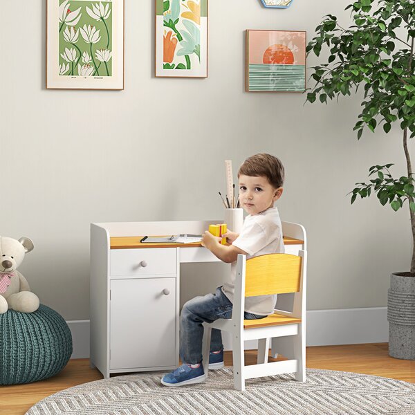 ZONEKIZ Set Tavolo e Sedie per Bambini 3-6 Anni con Cassetto e Armadietto in Legno, Struttura solida e angoli arrotondati, Bianco|Aosom Italy