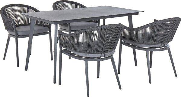 BELIANI Set di mobili da giardino in alluminio grigio Tavolo 140x80 rettangolare in pietra 4 sedie con braccioli imbottite Mobili da esterno per terrazze