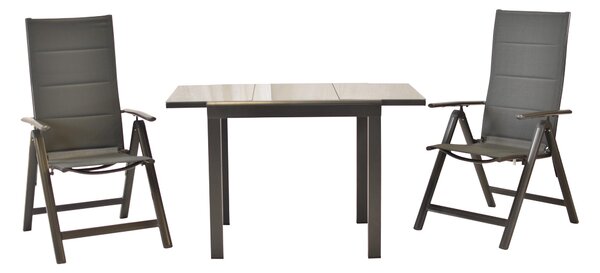 Set di mobili da giardino Merxx Taviano 3 pezzi, 2 poltrone pieghevoli, tavolo da balcone allungabile Semi 80 (120) x 70 cm - alluminio/tessuto