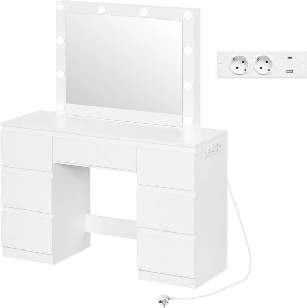 WOLTU: toeletta con specchio, illuminazione a LED, presa di corrente, 7 cassetti, bianco